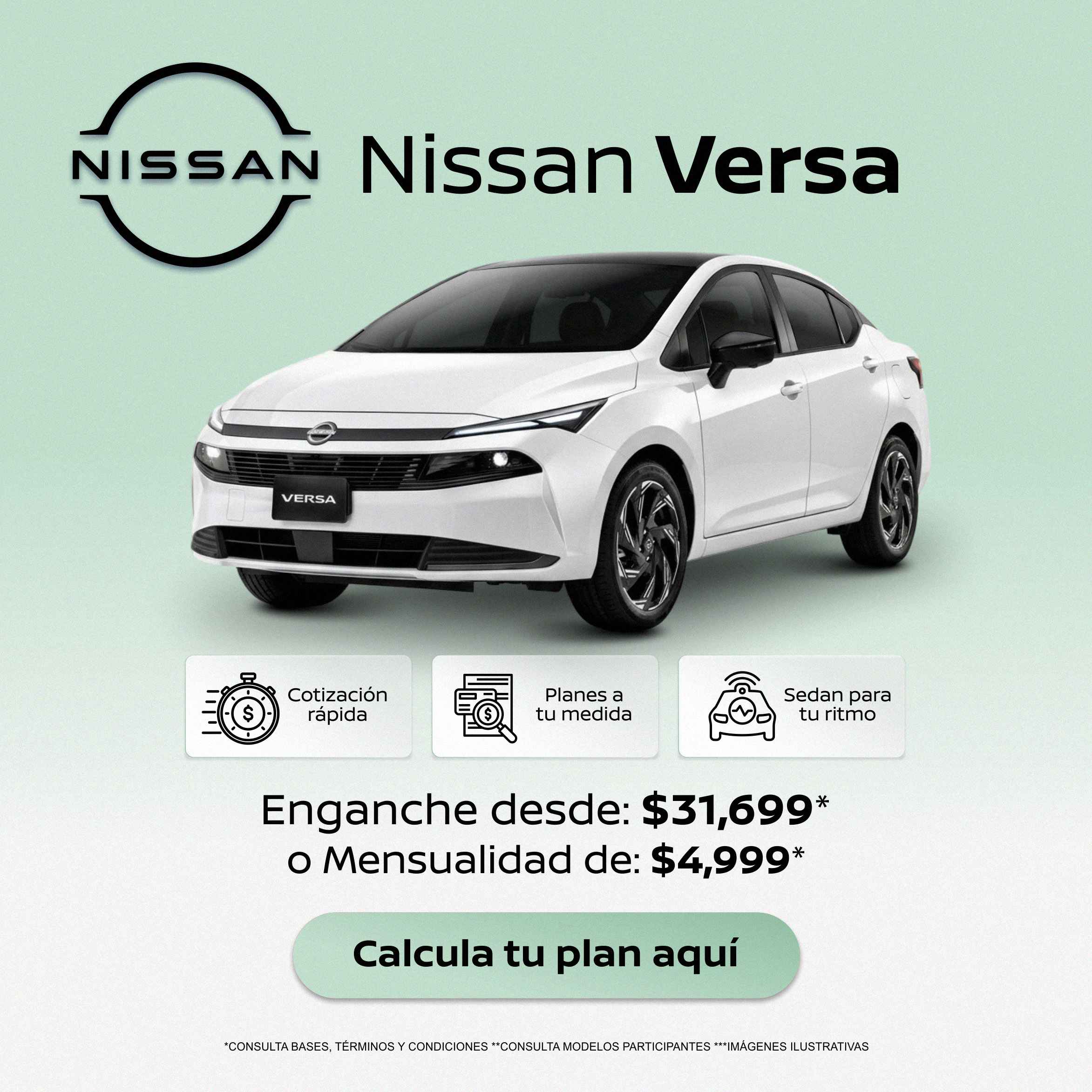 Imagen promocional del Nissan Versa 2026 color blanco con enganche desde $31,699*, mensualidad desde $4,999* y promoción especial en Nissan Vegusa