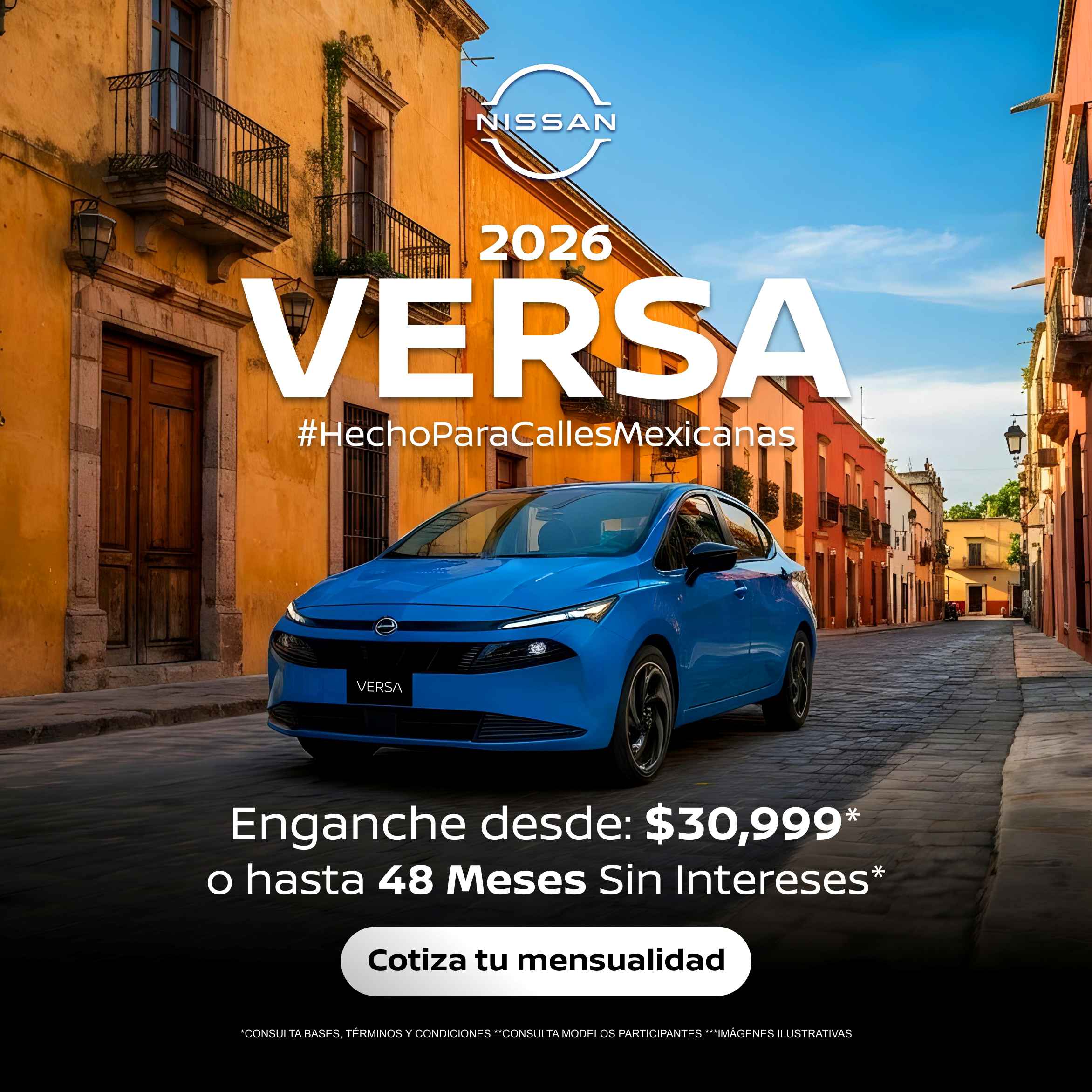 Imagen promocional del Nissan Versa 2026 color azul con enganche desde $30,999* o hasta 48 meses sin intereses* en Nissan Vegusa