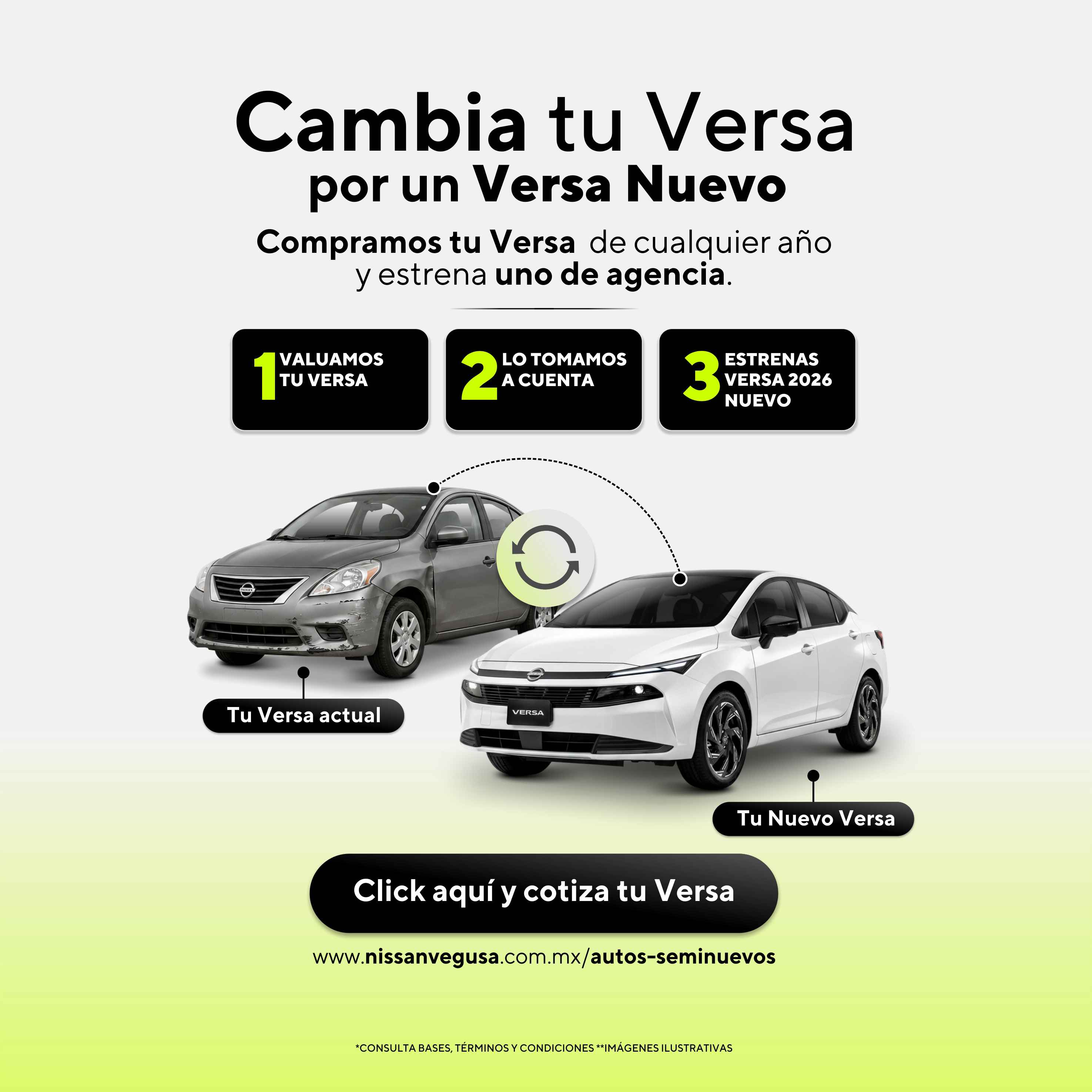 Promoción Nissan Vegusa para cambiar tu Versa actual por un Versa 2026 nuevo de agencia