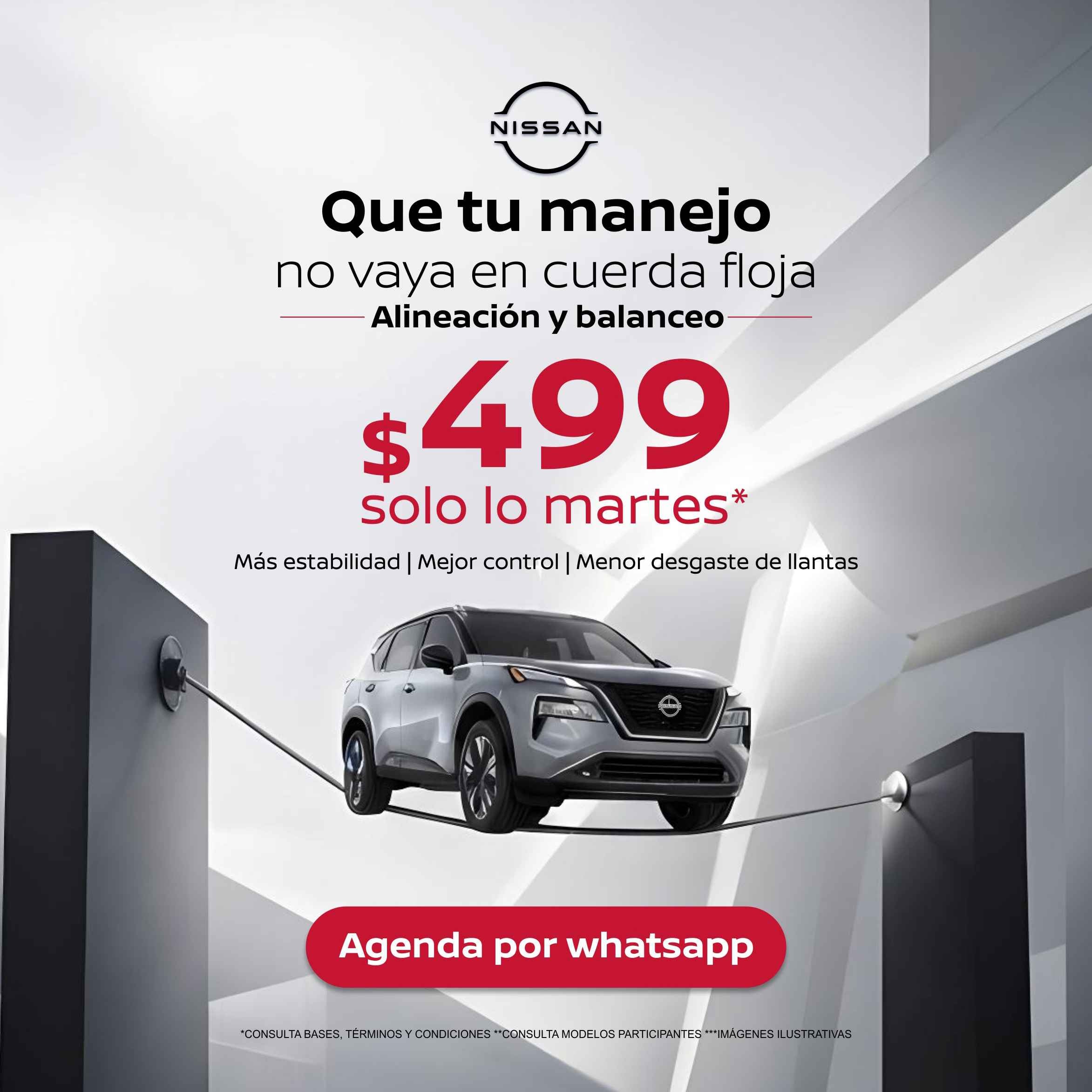 Promoción Nissan Vegusa de alineación y balanceo por $499*, disponible los martes para vehículos Nissan participantes.