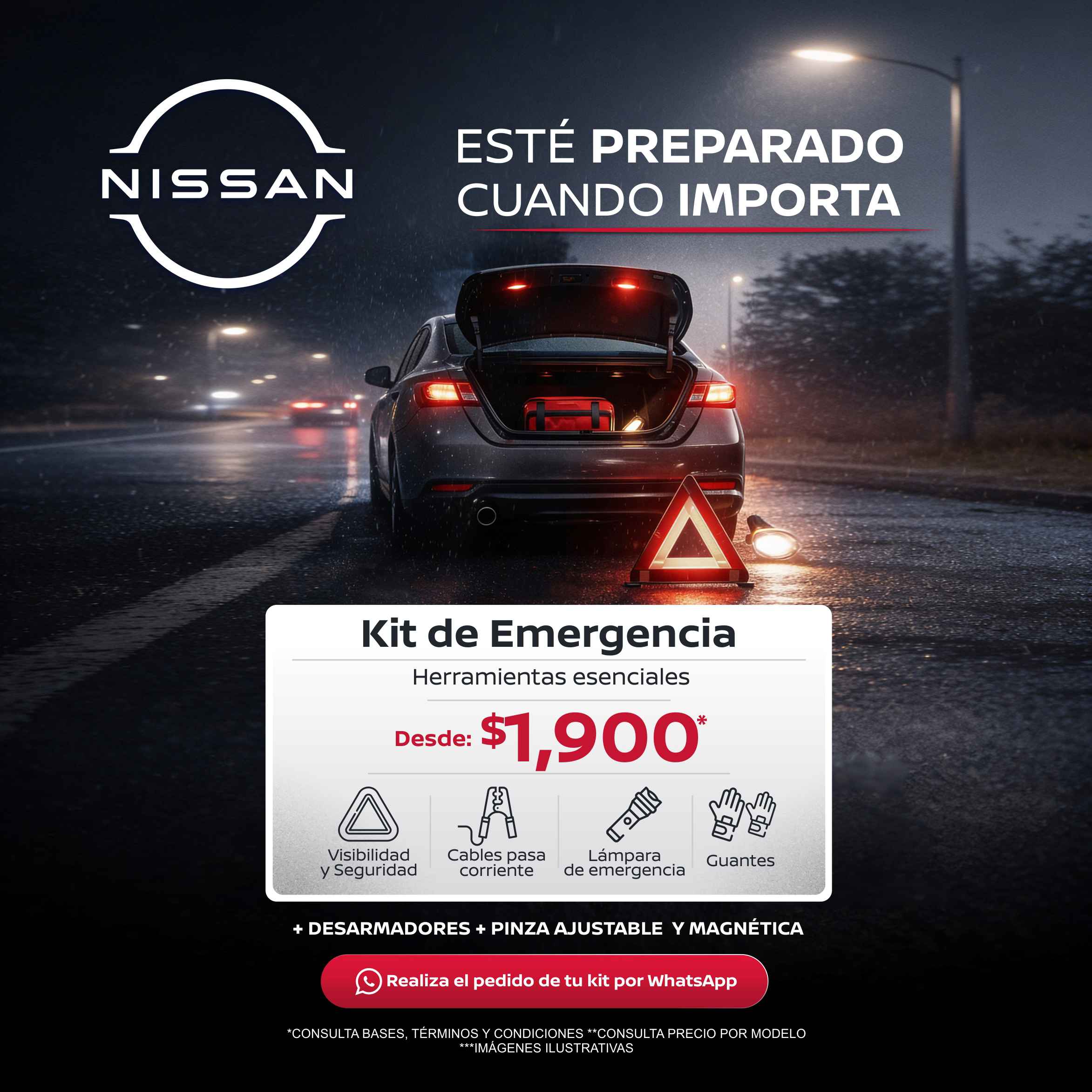 Promoción Nissan: kit de emergencia desde $1,900* con triángulo de seguridad, cables pasa corriente, lámpara de emergencia y guantes; auto detenido en carretera de noche bajo lluvia.