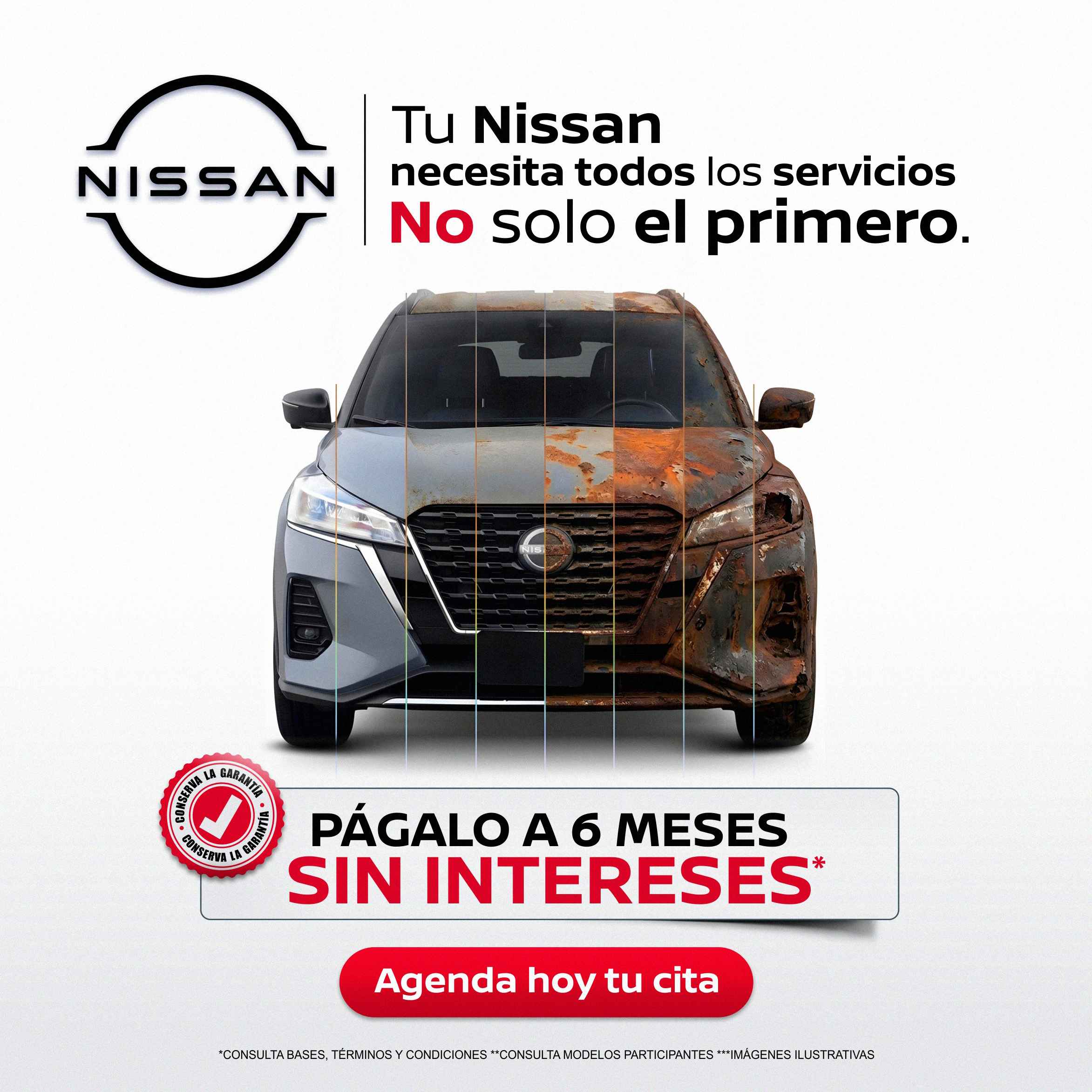 Promoción Nissan Vegusa de servicio automotriz a 6 meses sin intereses* para mantenimiento de vehículos Nissan.